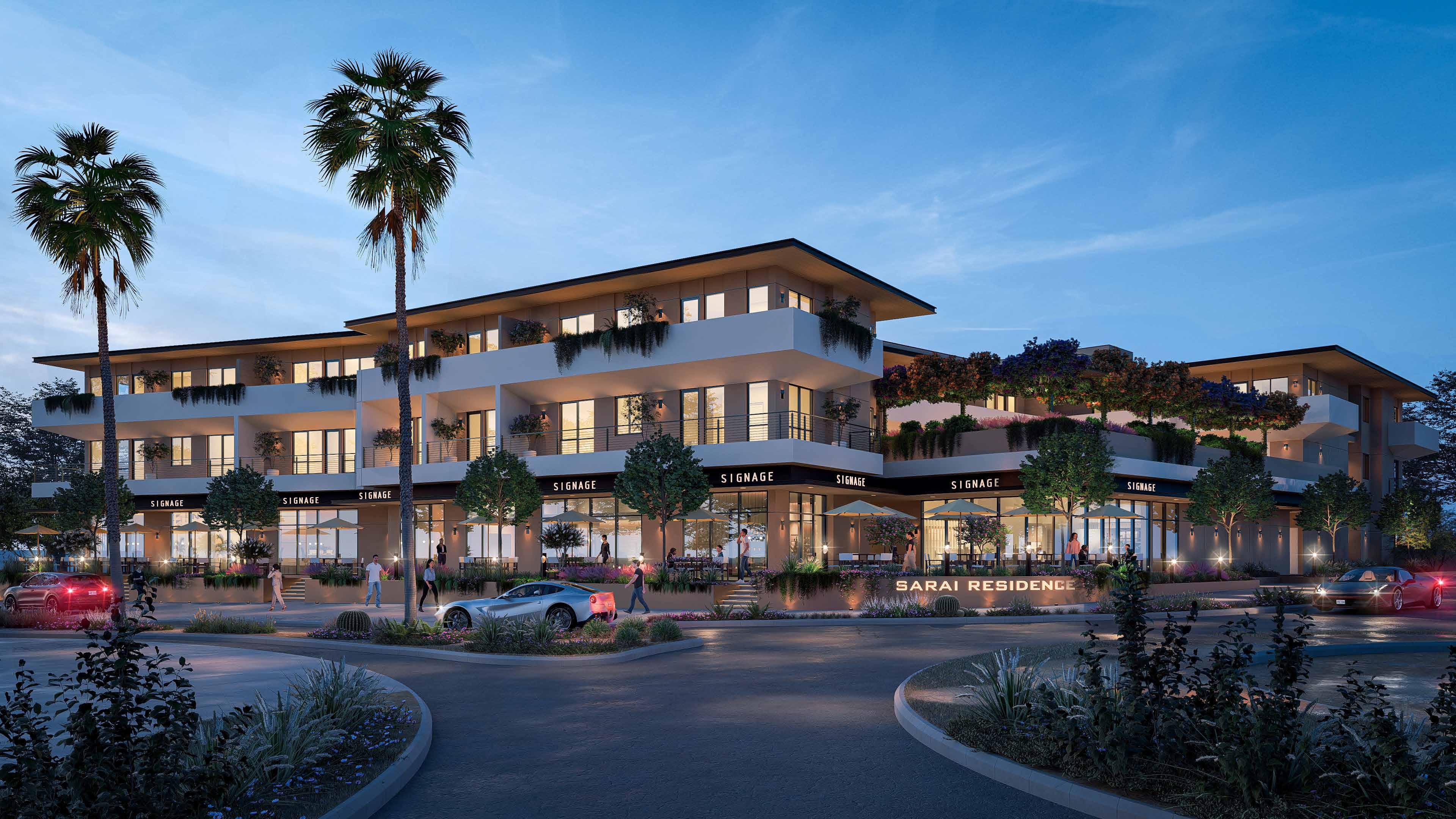 SARAI Residences — Street Frontage & Promenade at Dusk